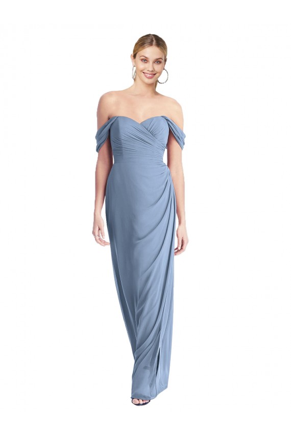 Cheap Full Length Draped Off the Shoulder Maxi Bridesmaid Dress with Shirred Streamer Canada