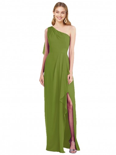 Cheap One Shoulder Chiffon Bridesmaid Dress with Draped Front Slit Canada