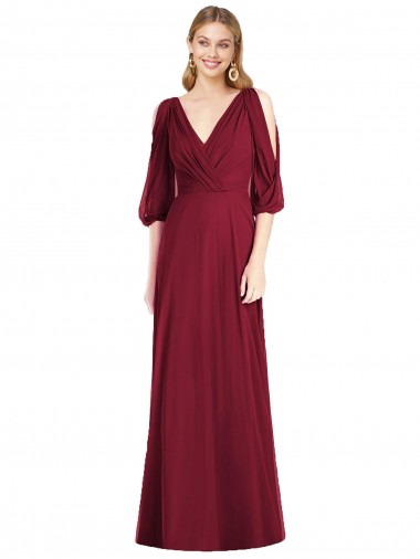 Cheap Draped V-Neck Bell Sleeves V-Back Chiffon Bridesmaid Dress Canada