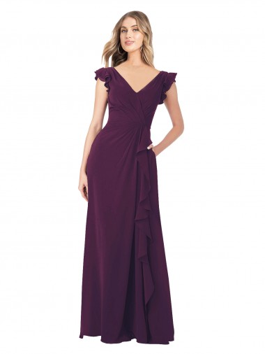 Cheap Ruffle Cap Sleeves Long Chiffon Bridesmaid Dress Canada