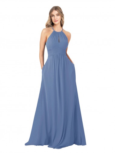 Cheap Draped High Neck Keyhole Back Bridesmaid Dress with Front Slit Canada