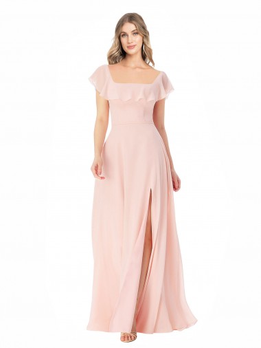 Cheap Flutter Cap Sleeves Square Neck Ruffle Chiffon Bridesmaid Dress Canada