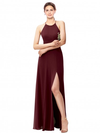 Cheap Slim Long High Halter Neck Chiffon Bridesmaid Dress with High Side Slit Canada