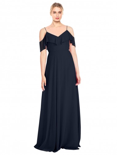 Cheap Draped Sleeves Flounce Neckline Long Chiffon Bridesmaid Dress with Spaghetti Straps Canada