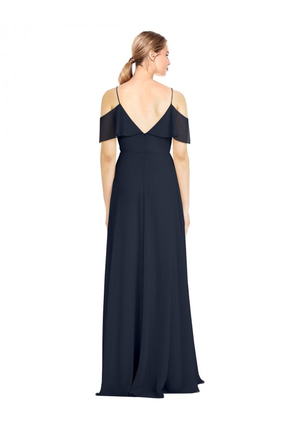 Cheap Draped Sleeves Flounce Neckline Long Chiffon Bridesmaid Dress with Spaghetti Straps Canada