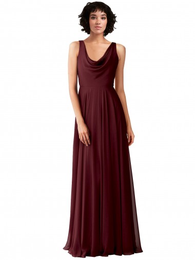 Cheap Draped Cowl Neck Long Chiffon Bridesmaid Dress with Wide Straps Canada