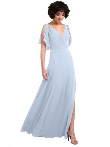 Cheap Split Flutter Sleeves V-Neck Chiffon Bridesmaid Dress with Open V-Back Canada