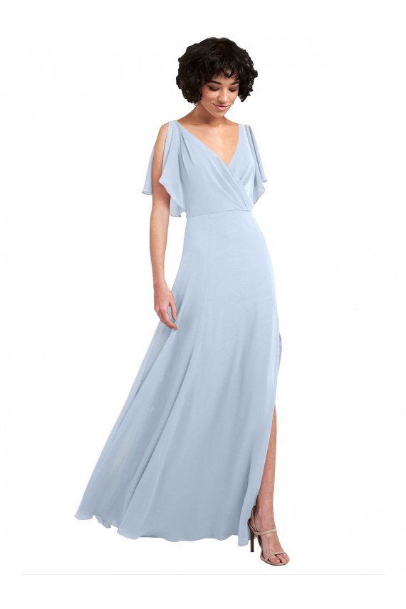 Cheap Split Flutter Sleeves V-Neck Chiffon Bridesmaid Dress with Open V-Back Canada