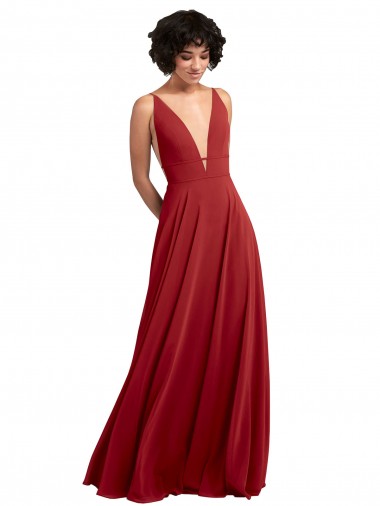 Cheap Fitted Plunging Deep V-Neck Long Chiffon Bridesmaid Dress with V-Back Canada