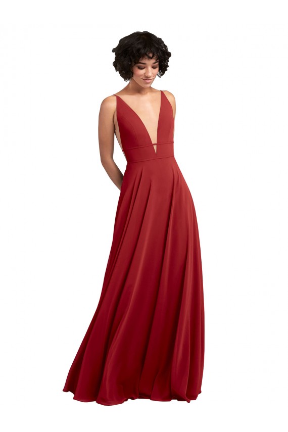 Cheap Fitted Plunging Deep V-Neck Long Chiffon Bridesmaid Dress with V-Back Canada