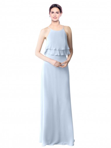 Cheap High Narrow Neck Long Chiffon Bridesmaid Dress with Tiered Ruffles Canada