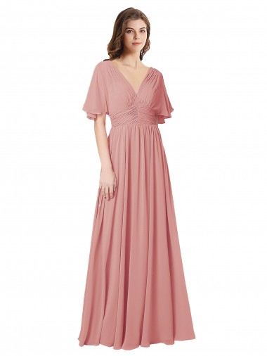 Cheap Flutter Sleeves Plunging V-Neck Boho Chiffon Bridesmaid Dress Canada