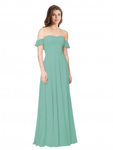 Cheap Flounce Sleeves Off the Shoulder Long Chiffon Bridesmaid Dress Canada