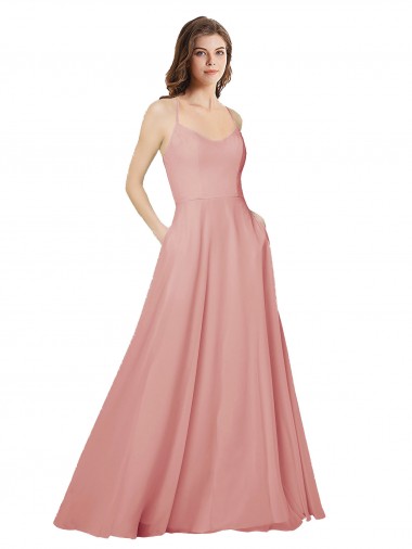 Cheap Open Back Wide Tie Band Long Chiffon Bridesmaid Dress with Pockets Canada