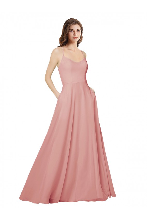 Cheap Open Back Wide Tie Band Long Chiffon Bridesmaid Dress with Pockets Canada