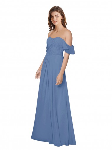 Cheap Flutter Sleeves Scoop Neck Off the Shoulder Long Chiffon Bridesmaid Dress Canada