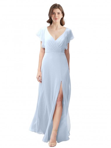 Cheap Flutter Sleeves Long Chiffon Bridesmaid Dress with Daring Open Back and Side Slit Canada