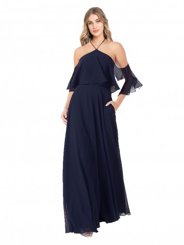 Cheap Halter Neck Cold Shoulder Flutter Sleeves Bridesmaid Dress Canada