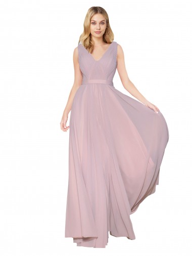 Cheap Draped V-Neck Long Chiffon Bridesmaid Dress with Shirred Bodice Canada