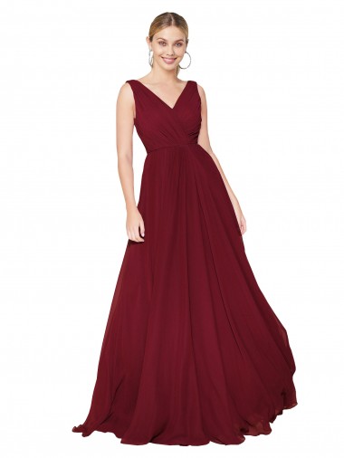 Cheap Draped A-Line V-Neck Floor Length Chiffon Bridesmaid Dress Canada