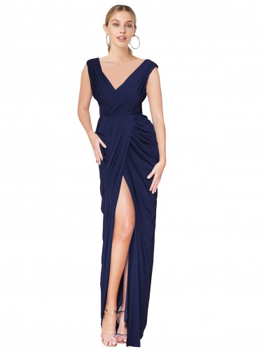 Cheap Draped V-Neck Long Chiffon Bridesmaid Dress with Front Slit Canada