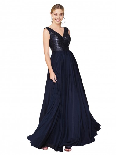 Cheap High Neck V-Neck Long Chiffon Bridesmaid Dress with Sequin Top Canada