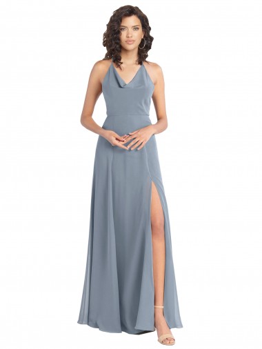 Cheap Slim A-Line Cowl Neck Long Chiffon Bridesmaid Dress with Side High Slit Canada