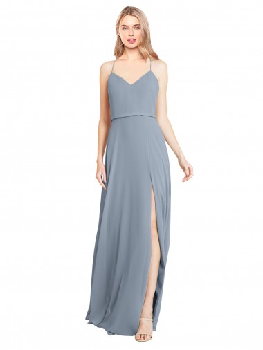 Cheap Spaghetti Straps V-Neckline Long Chiffon Bridesmaid Dress with High Slit Canada