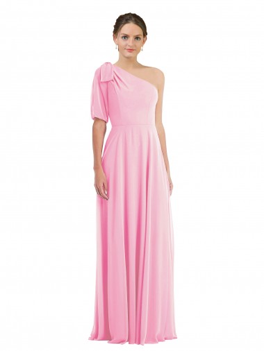 Cheap Bow One Shoulder Flounce Sleeve Maxi Bridesmaid Dress Canada