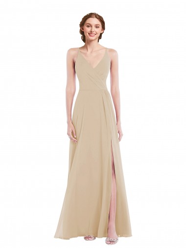 Cheap Faux Wrap Criss Cross Back Maxi Bridesmaid Dress with Front Slit Canada