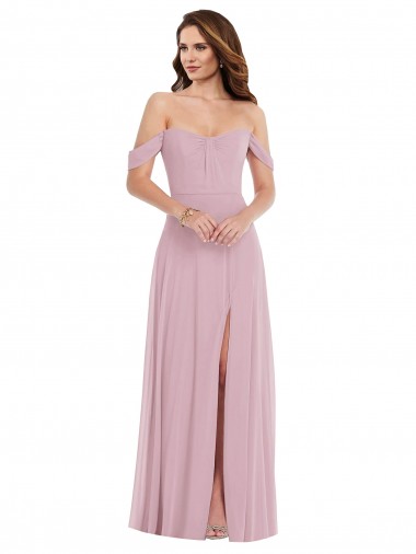 Cheap Off the Shoulder Draped Sleeve Maxi Bridesmaid Dress with Front Slit Canada