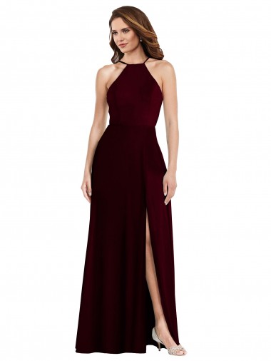 Cheap Halter Spaghetti Straps Maxi Bridesmaid Dress with Front Slit Canada