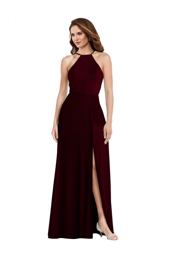 Cheap Halter Spaghetti Straps Maxi Bridesmaid Dress with Front Slit Canada