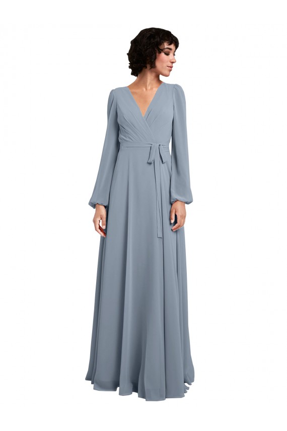 Cheap Wrap Style Long Sleeves Chiffon Bridesmaid Dress with Pleated Bodice Canada