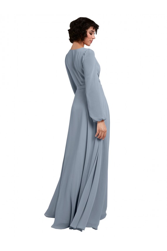 Cheap Wrap Style Long Sleeves Chiffon Bridesmaid Dress with Pleated Bodice Canada