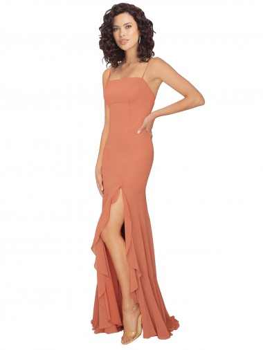 Cheap Chiffon Square Neck Bridesmaid Dress with Ruffled Skirt Slit Canada