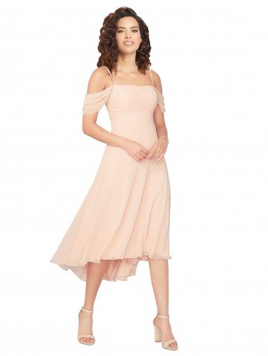 Cheap Cold Shoulder Midi Length Short Chiffon Bridesmaid Dress Canada