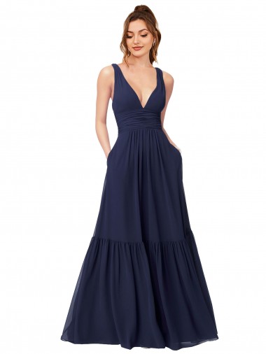 Cheap Floor Length Deep V-Neck Ruched Chiffon Long Bridesmaid Dress Canada