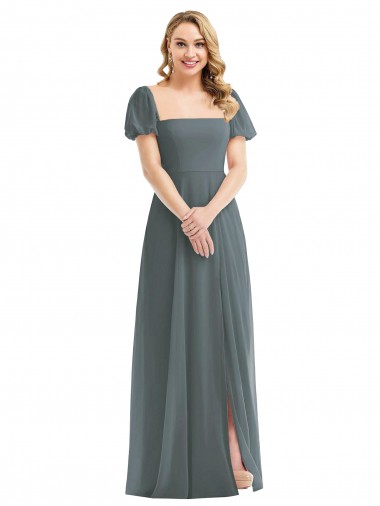 Cheap Puff Sleeves Chiffon Maxi Bridesmaid Dress with Front Slit Canada