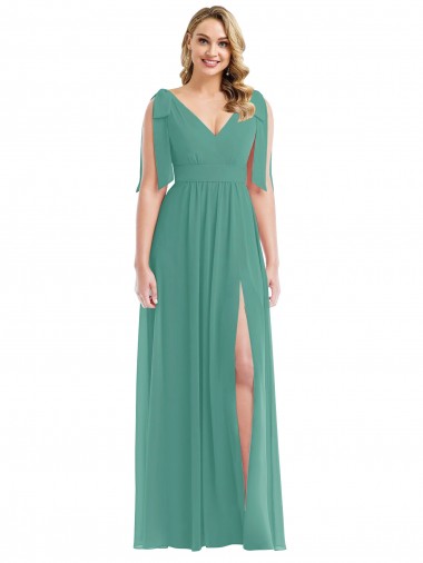 Cheap Plunge Neckline Bow Shoulder Chiffon Maxi Bridesmaid Dress Canada