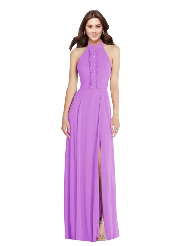 Cheap Halter Backless Maxi Bridesmaid Dress with Button Ruffle Placket Canada