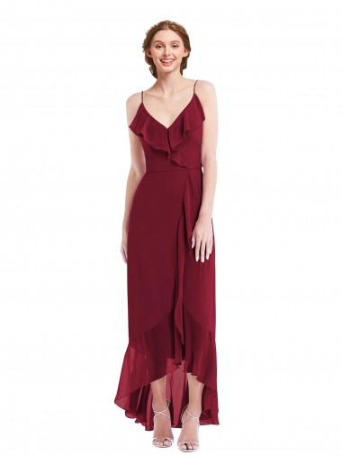 Cheap Ruffle Trimmed V-Neck High Low Wrap Chiffon Bridesmaid Dress Canada