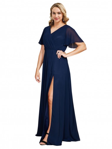 Cheap Chiffon V-Neck Short Sleeves Long Bridesmaid Dress with High Slit Canada