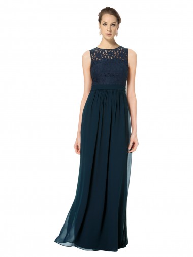 Cheap Long Chiffon Bridesmaid Dress with Lace Sleeveless Bodice and Keyhole Back Canada