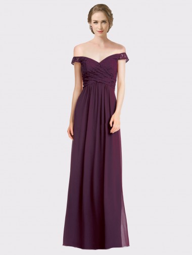 Cheap Sweetheart Long Bridesmaid Dress with Off the Shoulder Cap Sleeve Lace Bodice Canada