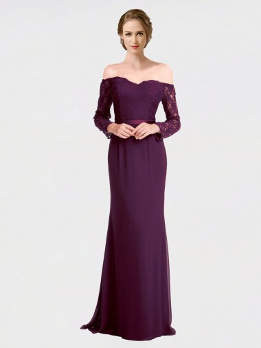 Cheap Full Length Long Bridesmaid Dress with Lace Off The Shoulder Bodice Canada