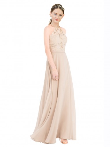 Cheap High Halter Neck Illusion Lace Bridesmaid Dress with Chiffon Skirt and Keyhole Back Canada