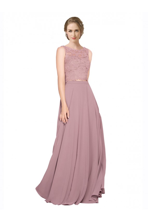 Cheap Long A-Line Chiffon Bridesmaid Dress with Sleeveless Lace Crop Top Canada