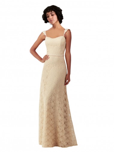 Cheap Lace A-Line Long Bridesmaids Dress with Satin Waistband Canada