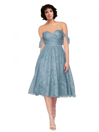 Cheap Off the Shoulder Sweetheart Chantilly Lace Midi Length Bridesmaid Dress Canada